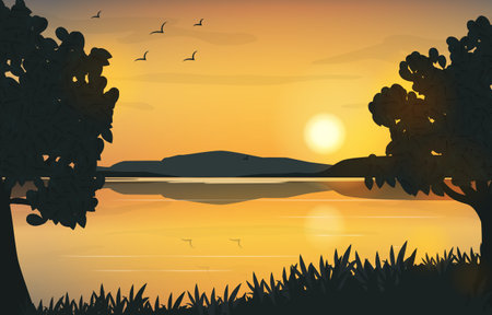 Silhouette of trees and lake at sunset, vector illustration.のイラスト素材