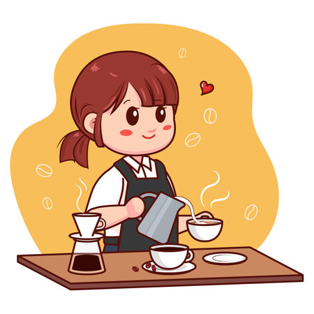 Girl pouring coffee in a cup. Vector illustration of a girl drinking coffee.のイラスト素材