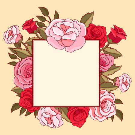 Frame with roses and leaves. Vector illustration. Design element for postcards, invitations, greeting cards.のイラスト素材