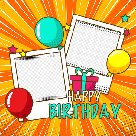 Happy birthday greeting card with balloons and gift boxes. Vector illustration.のイラスト素材