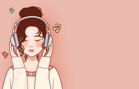 Illustration of a girl listening to music with headphones on a pink backgroundのイラスト素材
