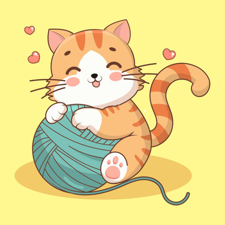 Cute cartoon cat with a ball of yarn. Vector illustration.のイラスト素材