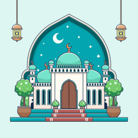 Vector illustration of mosque in flat design style. Ramadan Kareem.のイラスト素材