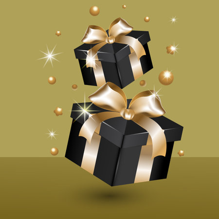 Black gift box with gold ribbon and bow. Vector illustration. Eps 10のイラスト素材