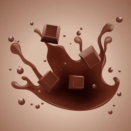 Chocolate splash with chocolate cubes. Vector illustration. Brown background.のイラスト素材