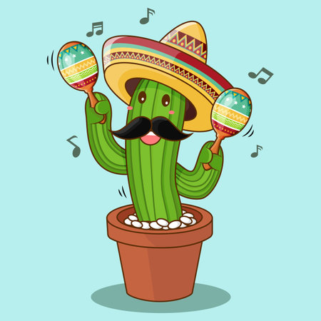 Cactus with sombrero and maracas. Cute cartoon vector illustration.のイラスト素材