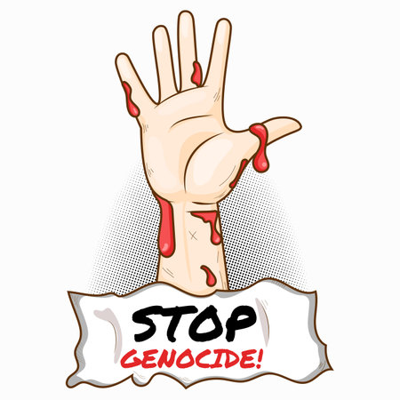 Stop Genocide Clip Art with Hand Gesture Cartoon Covered with Bloodのイラスト素材