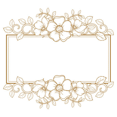 Illustration of floral frame with flower buds and flowers in goldのイラスト素材