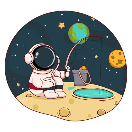 Astronaut sitting on the moon and fishing. Vector illustration.のイラスト素材