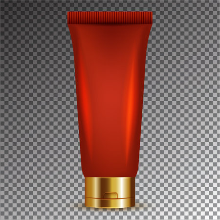 Realistic red cosmetic tube with golden cap on transparent background. Vector illustration.のイラスト素材