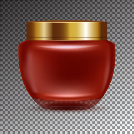 Realistic red cosmetic jar with golden cap isolated on transparent background. Vector illustration.のイラスト素材