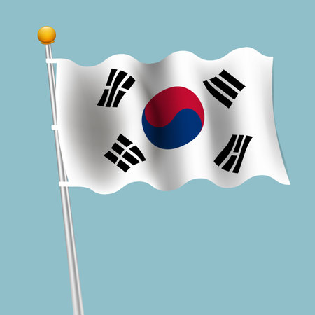 South Korea National Flag Waving on Flagpole Vector Illustration.のイラスト素材