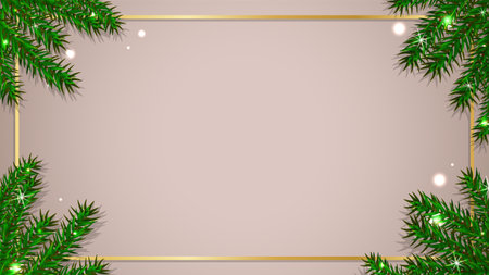 Winter background with fir branches and golden frame. Vector Illustration.のイラスト素材