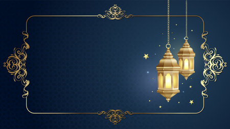 Vintage Blue Islamic Background with Golden Border and Lanternのイラスト素材