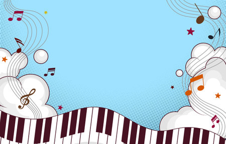Music background with piano keyboard, notes and clouds. Vector illustration.のイラスト素材