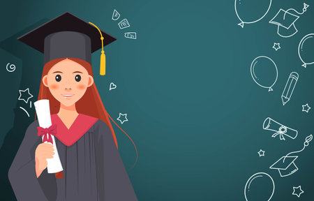 Graduate girl with diploma on chalkboard background. Vector illustration.のイラスト素材