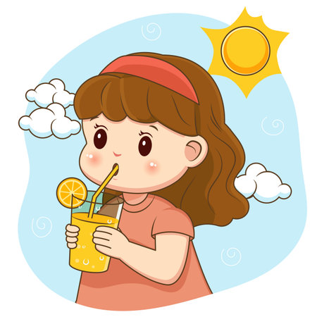 Illustration of a Cute Little Girl Drinking a Fresh Lemonade in The Summerのイラスト素材