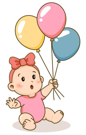 Illustration of a Cute Baby Girl Holding Bunch of Balloonsのイラスト素材
