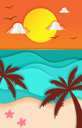 Summer background with palm trees, sun and sea. Paper art style. Vector illustration.のイラスト素材