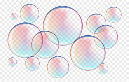 Realistic soap bubbles in rainbow colors isolated on a transparent backgroundのイラスト素材