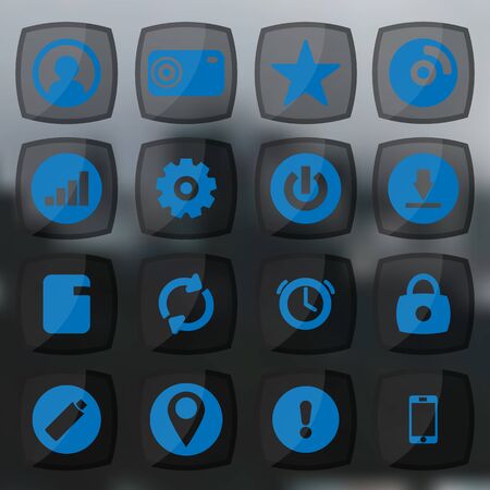 A set of transparent blue icons. Square volumetric glass icons.のイラスト素材