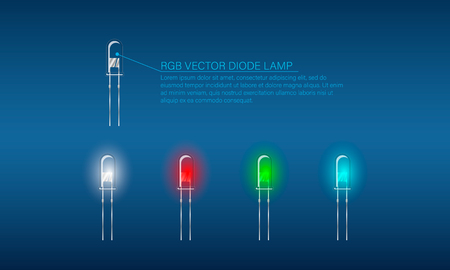 RGB Vector diode lamp. Set of colored diode lamps. Transparent lamps on blue background.のイラスト素材