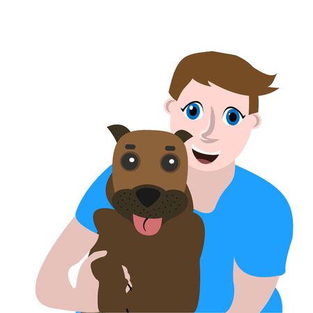 Flat vector illustration, cheerful portrait of a guy with a dog. Concept of friendship with a dog.のイラスト素材