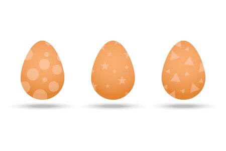 Realistic eggs with geometric patterns. Three eggs are brown. Chicken eggs for easter. Holiday boiled eggs.のイラスト素材