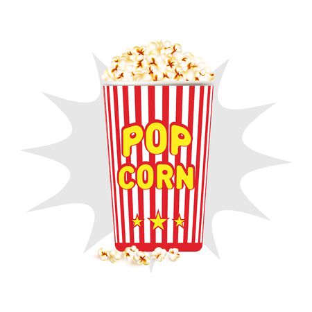 Realistic bucket with popcorn, vector illustration. Popcorn in a red bucket on a white background.のイラスト素材