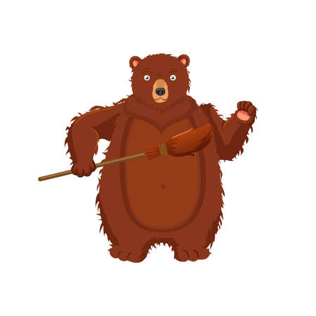 Bear with a broom, guarding his property. Cartoon bear on a white background.のイラスト素材