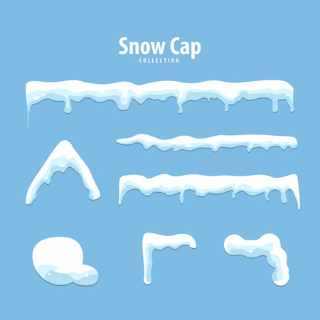 Collection of snow caps on a blue background. Set of snow tops for decoration.のイラスト素材