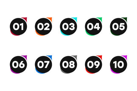 Vector icons, colored numbers. Bullet points numbers one to ten. Label shape vector numbers.