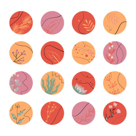 A set of round icons on the theme of nature. Drawn icons with floral elements. Social media icons.のイラスト素材