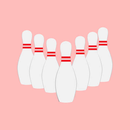 Bowling pins set. Skittles stand in a row isolated on a pink background.のイラスト素材
