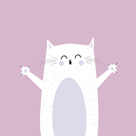 Funny kitten isolated on a pink background. Hand-drawn illustration of a joyful cat. Smiling cat with raised paws.のイラスト素材