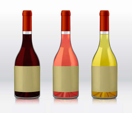 Realistic vector graphic bottles of wine selections. Red wine, rose, and white wineのイラスト素材
