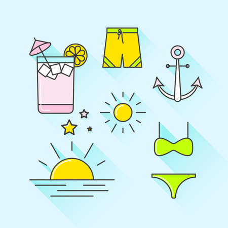 Vector graphic icon set of summer and holiday with long shadowのイラスト素材