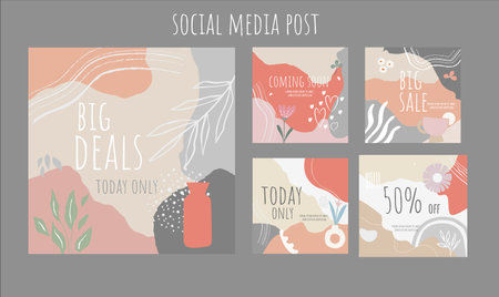 Set of social media post templates with hand drawn textures and doodle elements.のイラスト素材