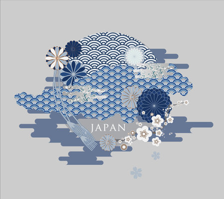 Japanese pattern with japanese motifs and clouds. Vector illustration.のイラスト素材