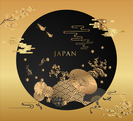Japanese New Year's card in retro style. Vector illustration. Gold background.のイラスト素材