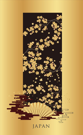 Japanese cherry blossom card in gold and black. Vector illustration.のイラスト素材