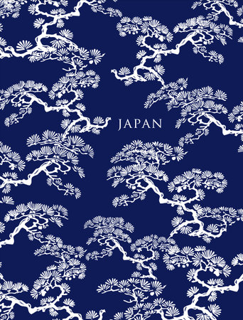 Japanese style pine tree seamless pattern. Hand drawn vector illustration on blue background.のイラスト素材