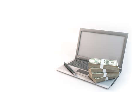 3D Graphic design concept about computer and 100 dollar bills heap near. Rendered at high resolution on a white background.の写真素材