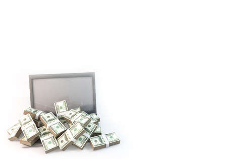 3D rendering graphic design of 100 dollar bills as heap on computer, Rendered at high resolution on...