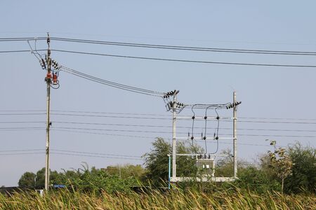 High voltage post or High voltage tower with dry grass