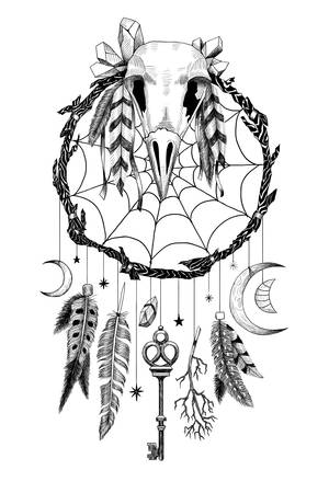 Detailed mystical dreamcatcher made of branches with crow's skull and a key.のイラスト素材