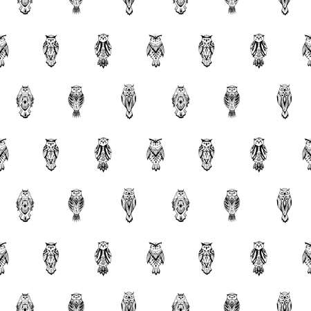 Doodle owls in aztec style. Seamless pattern.のイラスト素材