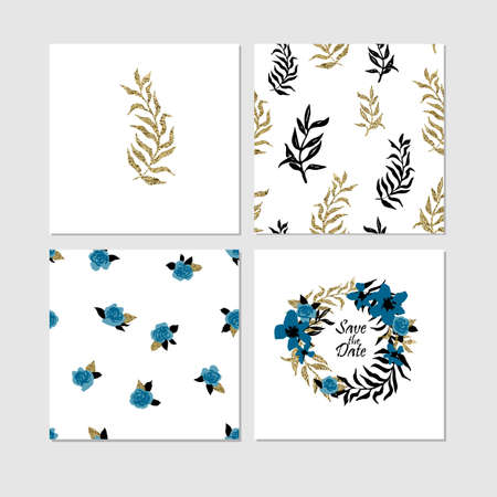 Save the date "templates set with wreath and black and golden foil palm leaves. Wedding invitations.のイラスト素材