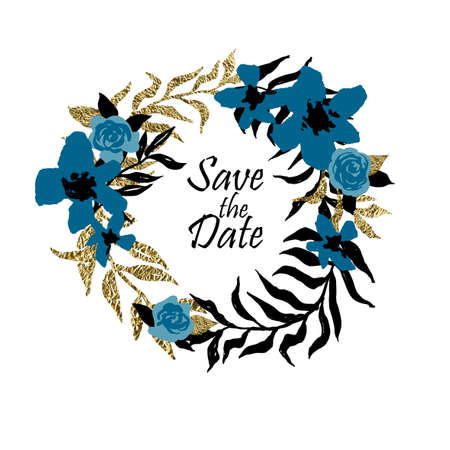 Save the date "template with a wreath made of black and golden foil palm leaves. Wedding invitation.のイラスト素材