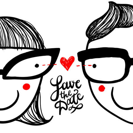 Cute doodle "in love" couple in eyeglasses and hand lettering "save the date"のイラスト素材